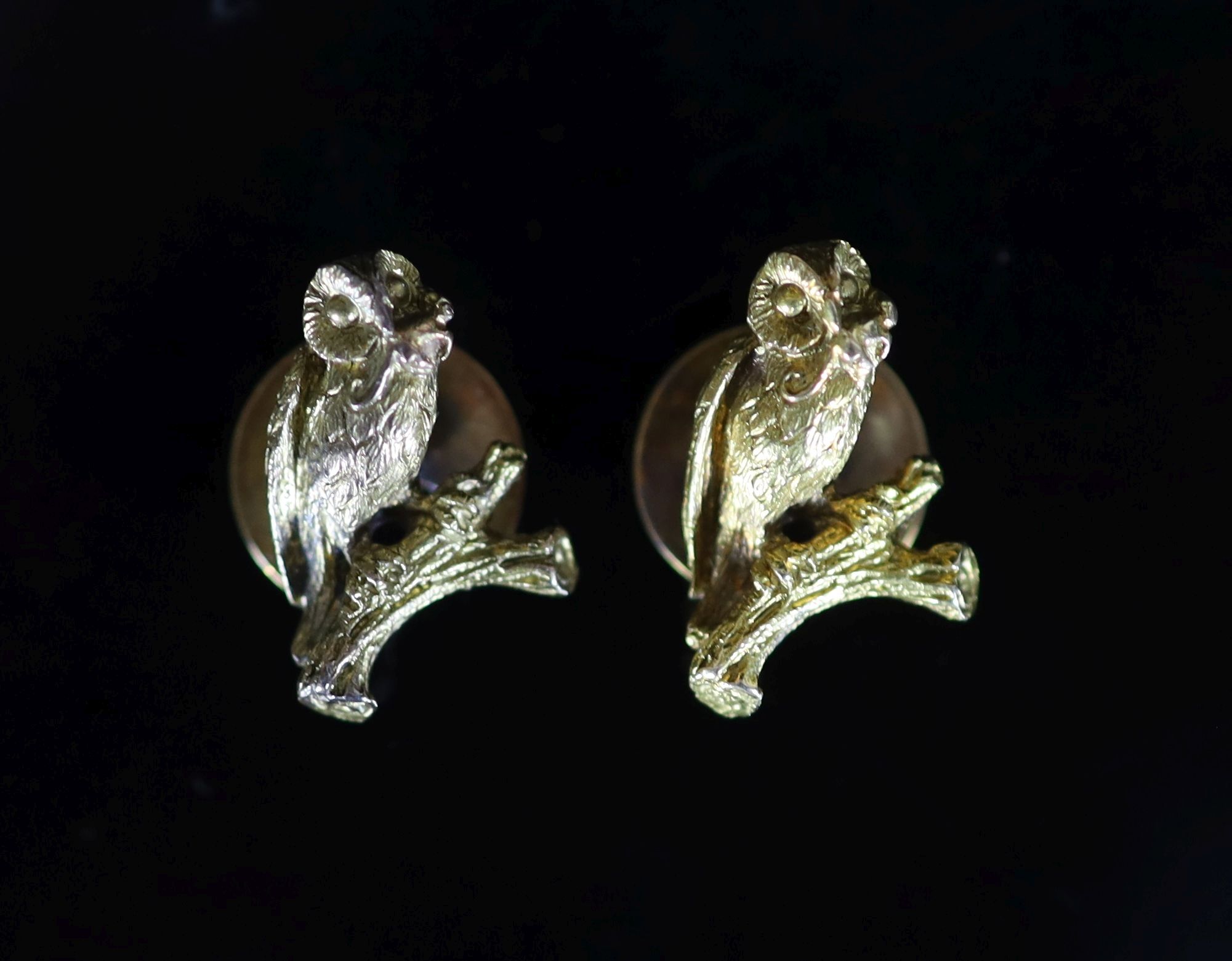 A pair of Victorian 18ct gold owl on a branch dress studs, each holding a mouse in its beak